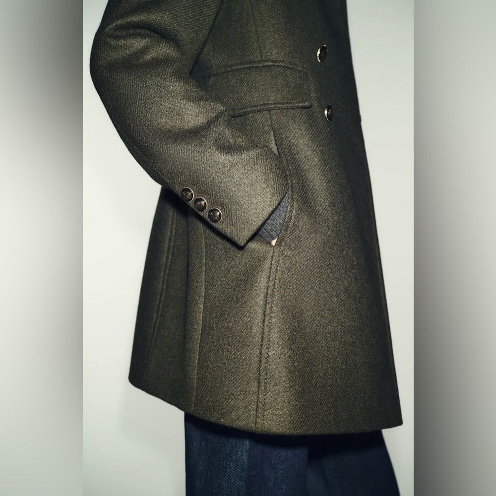 ZARA DOUBLE BREASTED KHAKI WOOL BLEND COAT - Picture 7 of 13